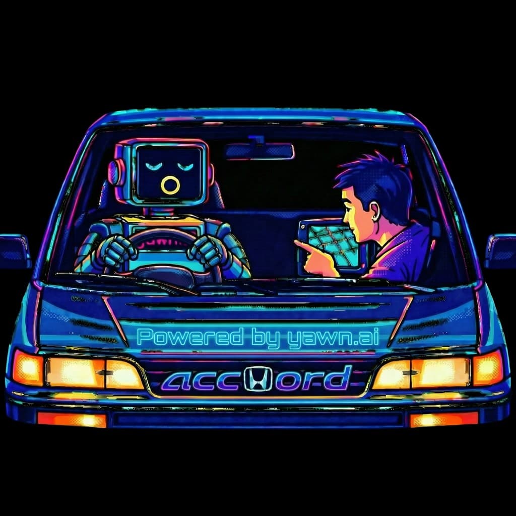 Synthwave Honda Accord front view: Powered by yawn.ai on the hood, accHord grille, yawning robot driver and passenger with a glowing tablet.