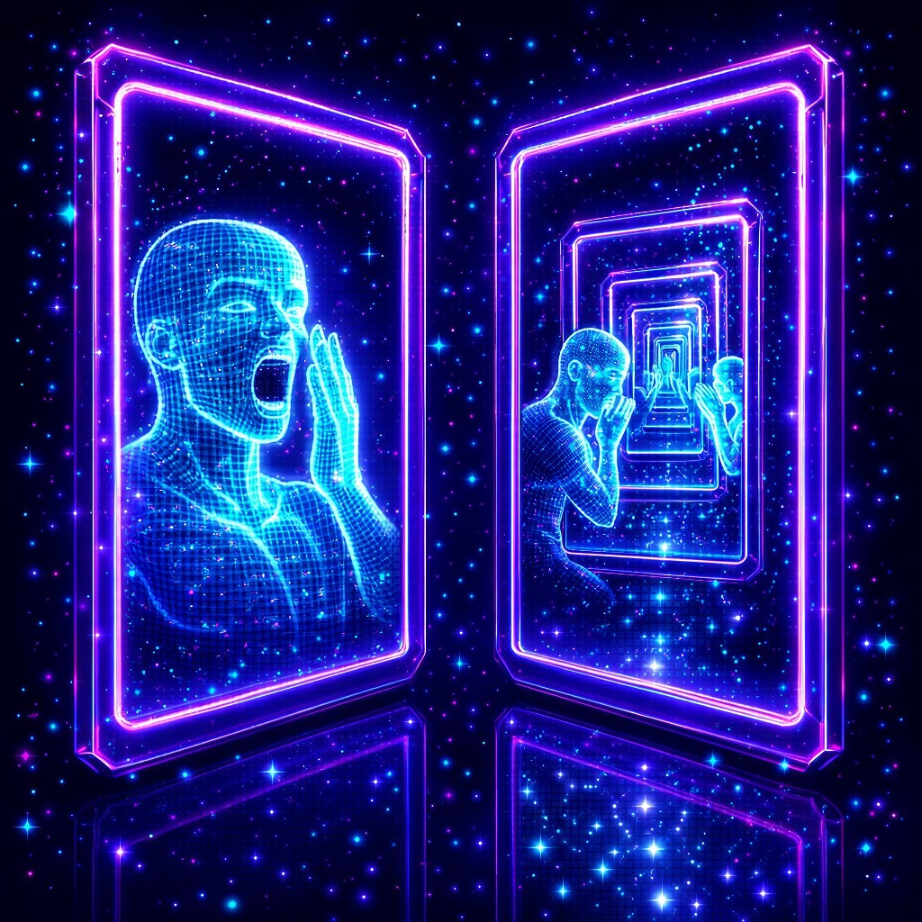 A hand reaching through a glowing portal from the abstract digital side into the physical real side — wireframes and questions on one side, a concrete desk on the other.