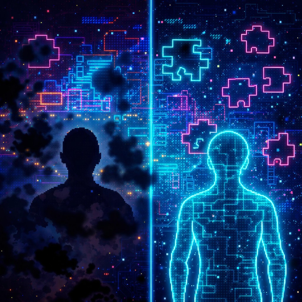 A human silhouette and a yawn silhouette standing side by side — the human view has fog and blind spots, while the yawn view is crystal clear with gaps highlighted.