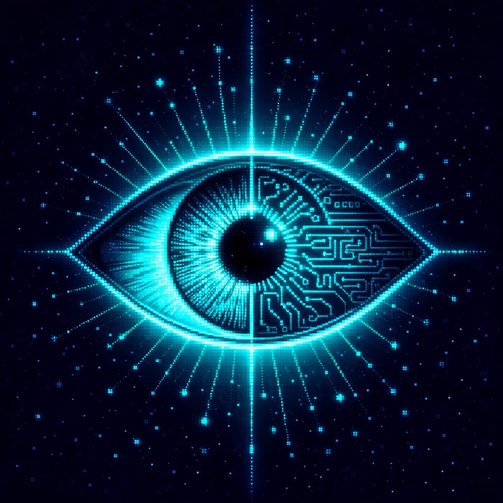 A luminous digital eye opening inside a dark void — half biological iris, half circuit pattern. Faint grid lines extend from the pupil like a coordinate system being born.