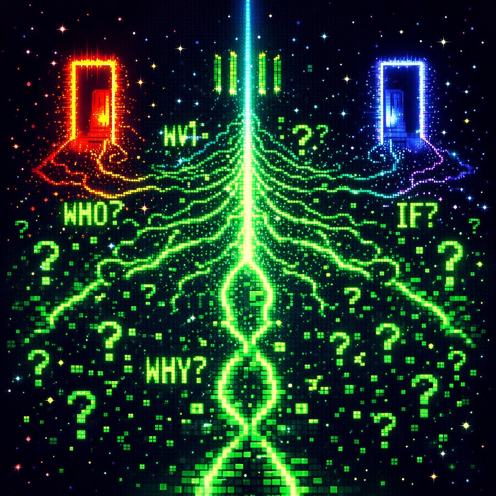 A double-slit experiment visualization where light waves become text fragments and question marks, with three branching paths leading to different glowing doorways.